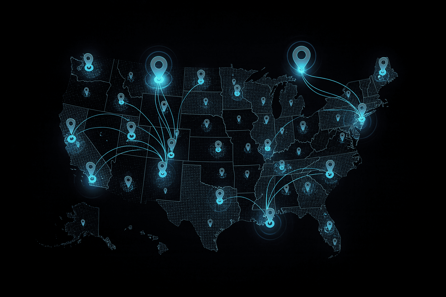 Map of franchise locations across the United States converging into a few multi-unit owner nodes